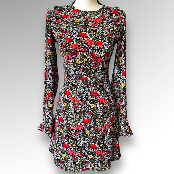 Topshop Dress Sheath Ruffled Red Mix Floral Back Long Sleeve Sz 2 - Picture 1 of 10